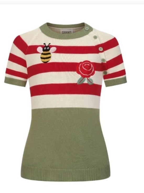 OXKnit Sweaters - Oxknit Red & Cream Striped Short-Sleeve Sweater with Olive Hem
